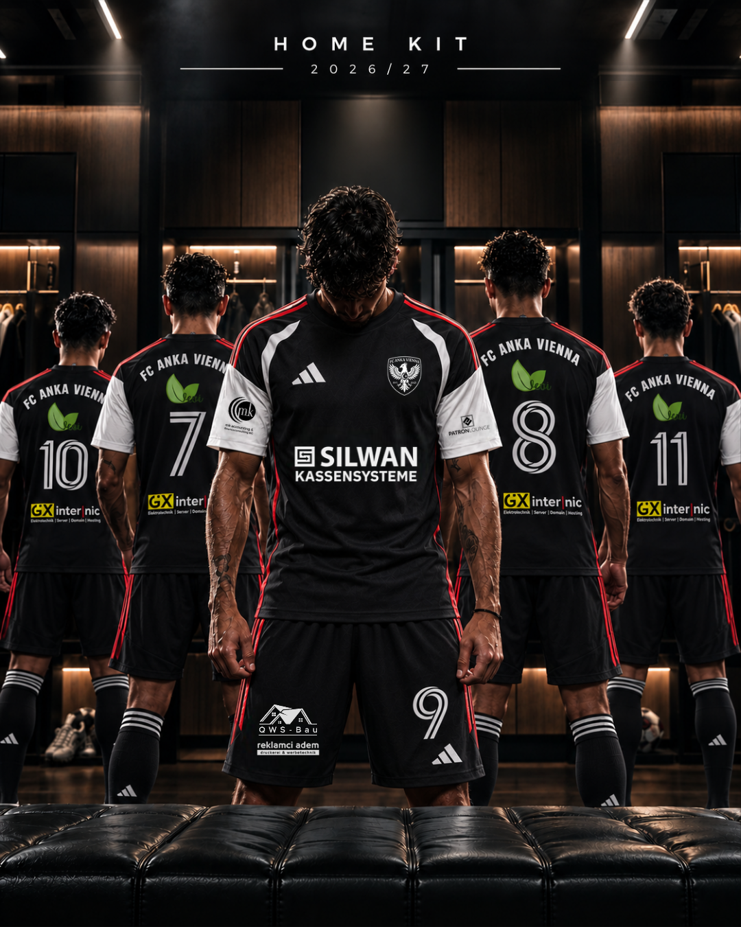 Schwarzes FC-Anka-Heimtrikot mit weißen Ärmeln und roten Adidas-Streifen